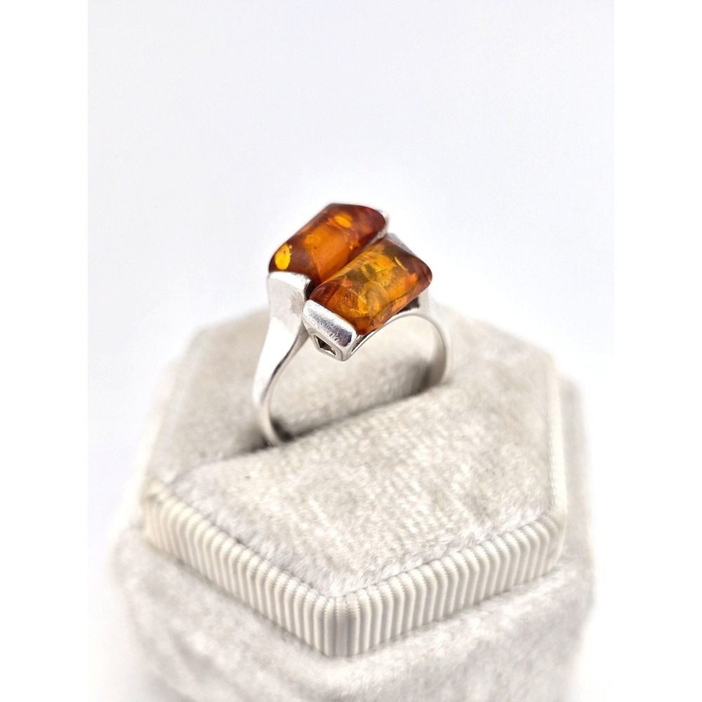 Amber Sterling Silver Bypass Shank Ring - Size 7